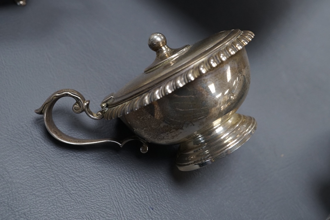 A group of silver to include Greek 800 white metal dish, 15.9cm, a white metal christening cup(tests as silver), Gorham mustard, one other silver mustard and a two handled vase.